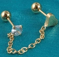 Golden chain stud earring with heart charm and sparkling white zircon setting - 0.8x6x4mm / Gold Round Zircon Heart