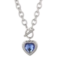 Collar plateado con corazón de cristal azul y cierre de barra T en cadena de eslabones gruesos - Corazón Azul Plateado (KN19297-Z)