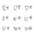 Geometric surgical stainless steel stud earrings set with screw back for men and women - Round Plate Collection Style / 9 Pairs Set / Steel
