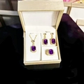 Detailed set of purple emerald-cut gemstone necklace, earrings, and ring in gold - Necklace+Earrings+Ring / Purple 3-Piece Set (Gold)
