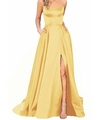 Elegant yellow satin long evening dress with spaghetti straps and high side slit detail - US size 12 (L) / Tops / Gold