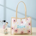 Floral makeup bag with beige leather trim and pink flower print with dual handles - Pink Plum (Tote Bag)