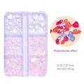 Macro detail of UV-reactive 3D camellia nail charms with 7.8x5mm dimensions and heart box - Mixed Light Sensitive Color Changing Heart 04 / 6 Grids Box