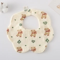 Cotton petal bib with cartoon bear pattern and snap button in cream white finish - Gauze Flower Scarf - Heart Bear