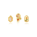 Three gold princess cartoon stud earrings with colorful zircon stones on white background - Gold