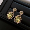 Golden oval yellow gemstone earrings with diamond pavé and quatrefoil charms on black leather - 30# 18K Gold Plated Silver Earring Post - Yellow Oval
