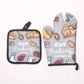 Kitchen oven mitt and pot holder set with gray baking theme pattern and text - Grey/Eat Baking Be Happy