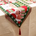 Camino de mesa navideño de lino con motivos de Papá Noel y renos con borlas rojas finas - Modelo E-Papá Noel Reno Rayas Rojas Verdes