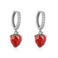 Detailed close-up of silver strawberry drop earrings with sparkling cubic zirconia stones - Silver Red Enamel Strawberry Drop Earrings