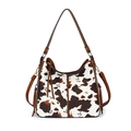 Retro cow print tote bag with brown leather trim and versatile double shoulder straps - Cow Print Brown