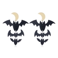 Halloween black glitter bat earrings with gold moon hooks made of lightweight acrylic - Black + Gold