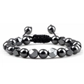 Adjustable braided bracelet with faceted hematite beads and black polished round stones - All Hematite Style