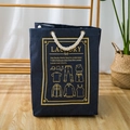 Sacco portabiancheria in cotone blu navy con scritte gialle e manici in corda di cotone bianco - 36x34x49cm / Stampa Lavanderia Denim-Grande