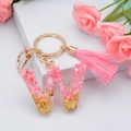 Pink resin letter W keychain with crushed stone gold foil and stylish tassel charm - Letter W