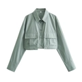 Detailed flat lay of sage green cropped long sleeve shirt with utility chest pockets - S / Tops / Army Green