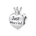 S925 sterling silver Just Married heart charm with crown and diamond accent - Just Married Crown Heart (PC0124)