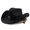 Classic black straw western cowboy hat with studded leather band and adjustable chin strap - M (56-58cm) / Black