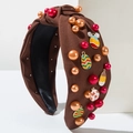 Detail of brown fabric headband with beaded pearls and colorful Easter rabbit charms - Pearl Deep Coffee