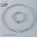 Silver stainless steel OT buckle necklace and bracelet set with 11mm wide oval chain - Bracelet 21cm / 11mm / Steel