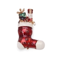 Broche de bota navideña con soldado de esmalte rojo y cajas de regalo festivas - Calcetín de Navidad Soldado