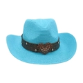 Linen blue summer straw hat with heart-shaped rhinestone buckle and brown leather band - Lake Blue