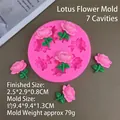 Pink lotus silicone mold with 7 cavities showing dimensions for wax and chocolate - 7-Hole Lotus Flower Mold / Pink
