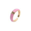 Detailansicht vergoldeter Ring mit rosa Emaille und mikro-eingesetzten Zirkonia-Steinen - Einstellbar Offen / Rosa
