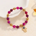 Pink purple natural stone elastic bracelet with gold Hamsa hand and blue evil eye charm - Pink Purple Beads-Gold Hamsa Hand Charm