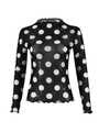 Detail of sheer black polka dot mesh top featuring high neck and ruffled edge finish - S / Black