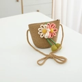 Sac bandoulière en paille tissé pour filles avec fleurs au crochet 3D et fermeture éclair - Sac / Kaki