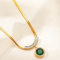 Gold-plated snake chain necklace with emerald-cut green gemstone and cubic zirconia - Round Zirconia Emerald Necklace