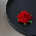 Elegant large red velvet rose hair clip and brooch pin with green leaves on black tray - Small Rose / Red