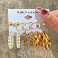 Set of 6 gold earrings with faux pearls featuring studs, hoops, and chain links - Leaf Texture and Multi-layer Hoop Set (5343302)