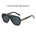 Retro square sunglasses with black frame and silver metal double bridge decor - Black Silver Frame Gray Lens