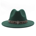 Detail of dark green wide brim wool fedora hat with studded brown leather belt - Dark Green