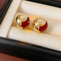 Macro view of retro golden and red enamel round hoop earrings in a jewelry box - 26# Red Zirconia Enamel Ear Clip (Real Gold Plated)