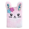 Close-up of pink plush bunny notebook with soft fur texture and floral ear details - Tie-dye Colorful Rabbit