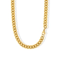 Classic gold stainless steel Cuban link necklace with secure lobster clasp on white background - Slim Short Style / Gold