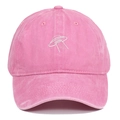 Detail of pink washed cotton baseball cap with white UFO embroidery and vintage texture - Pink