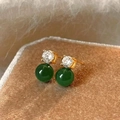 Vintage style gold earrings with clear faceted crystals and dark green round beads - 17# 925 Sterling Silver Earring Post - Drop Dangle Earrings - Gold Green