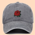 Faded grey washed cotton baseball cap featuring detailed red rose embroidery on front - Adjustable / Gray