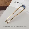 U-shaped hair pin in gold finish with blue-grey marble enamel inlay for women - Crescent Moon Hair Stick - Blue