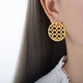 Retro round mesh chain hollow earrings in 18K gold plated titanium steel on female model - F968-Gold Earrings / Gold