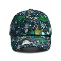 Detailed close-up of quick-dry baseball cap with colorful dinosaur patterns for kids - Navy Blue Dinosaur