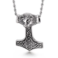Silver stainless steel Mjölnir pendant featuring lion head and Celtic knot engravings - Lion Head Mjolnir Pendant (KP53895-BD)