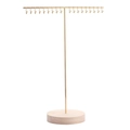 Golden T-bar metal jewelry stand with 18 hooks and a round wooden base for earrings - 18 Hooks Gold