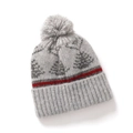 Détail du bonnet en tricot Fair Isle gris avec motifs d'arbres foncés et rayures rouges - Chapeau / Gris clair