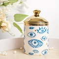 Ceramic eye motif jewelry jar with gold lid on a wooden surface with pearls - Evil Eye Small Jar