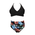 Women's black halter bikini set featuring high waist tropical leaf print swim shorts - 152 / Orange Top with Leaf Print Bottom (Plus Length)