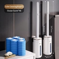 Wall-mounted disposable toilet brush set with 48 refill heads and storage holder - Double Pack: 2 Handles + 48 Ocean Heads + 1 Lemon Balm
